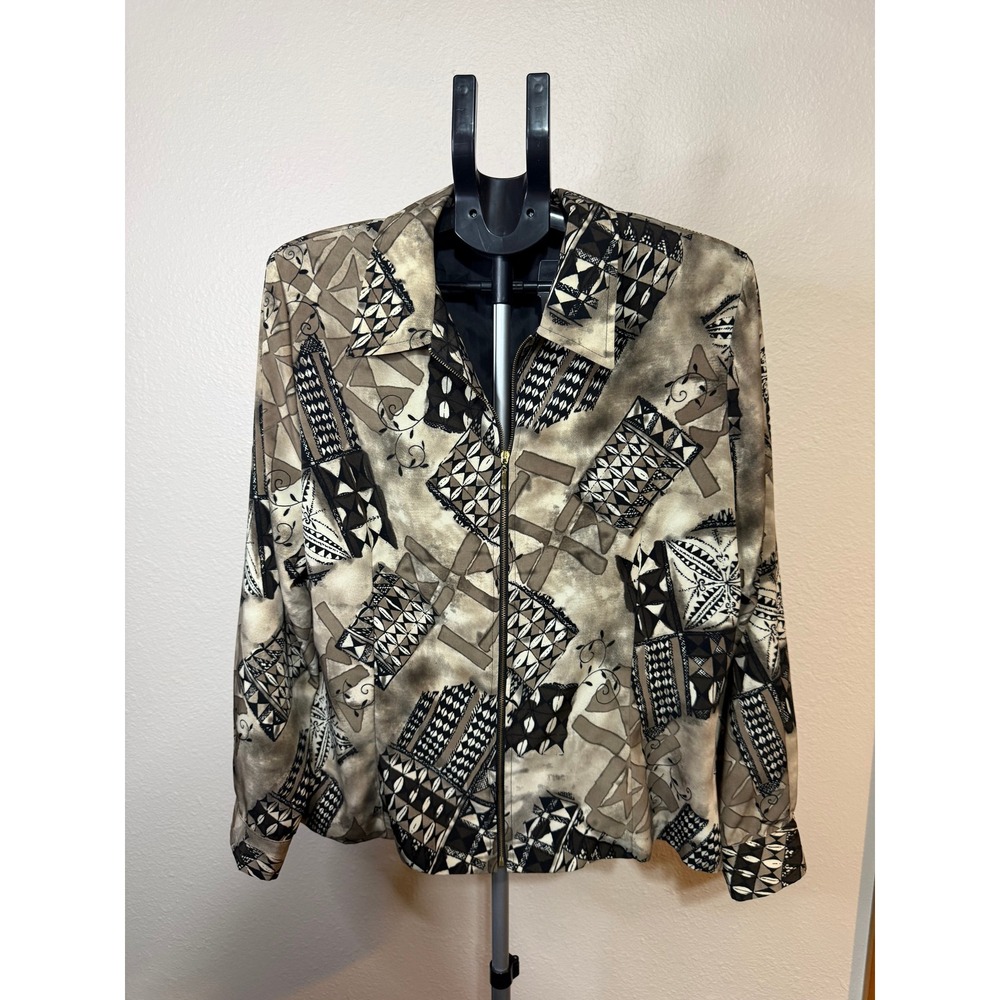 Dressbarn Womens Large Zip Up Jacket Geometric Tribal Print Tan Brown Black USA